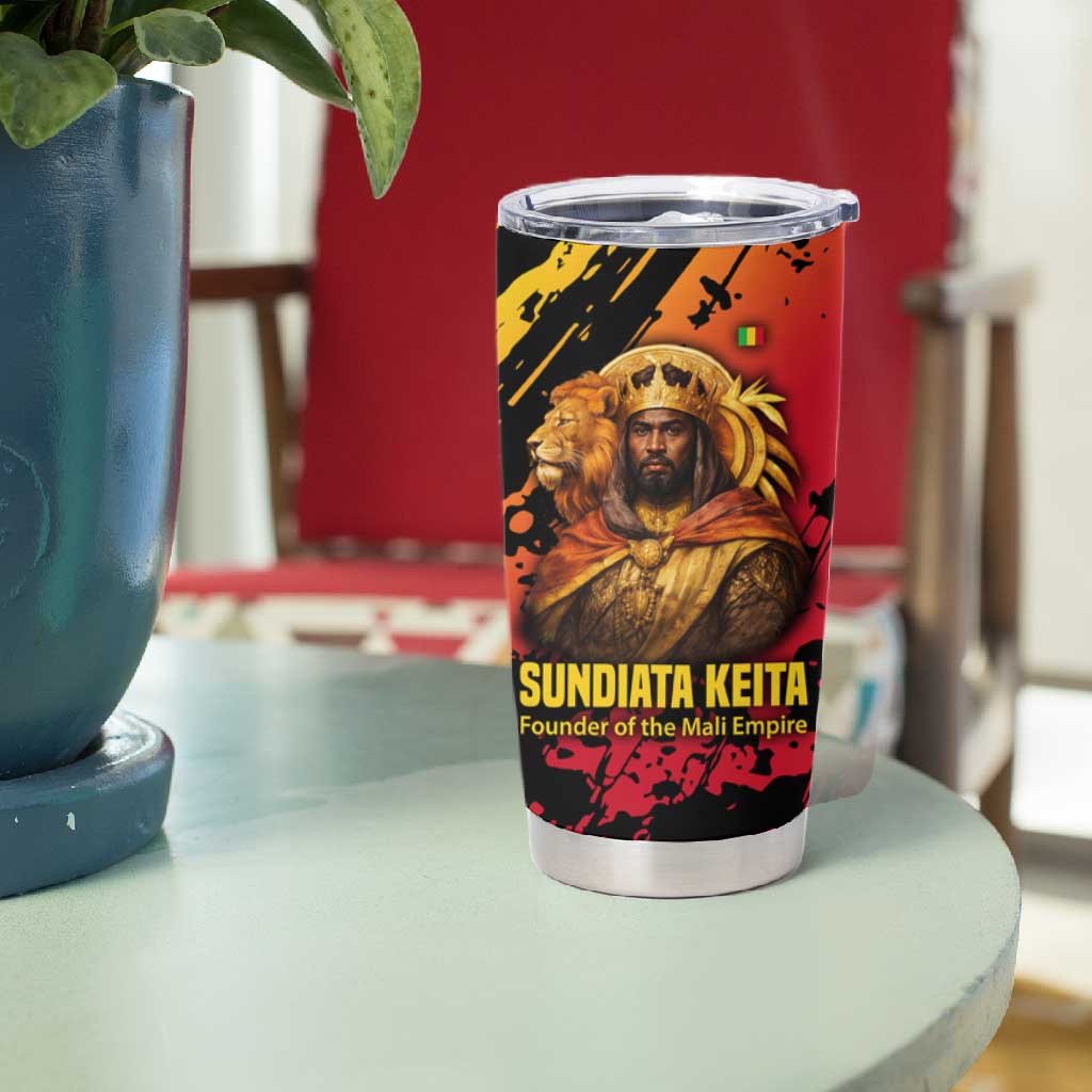 Sundiata Keita Tumbler Cup with Regal Portrait, Lion of Mali Title and Bold Tribal Brushstroke Pattern - African Pride