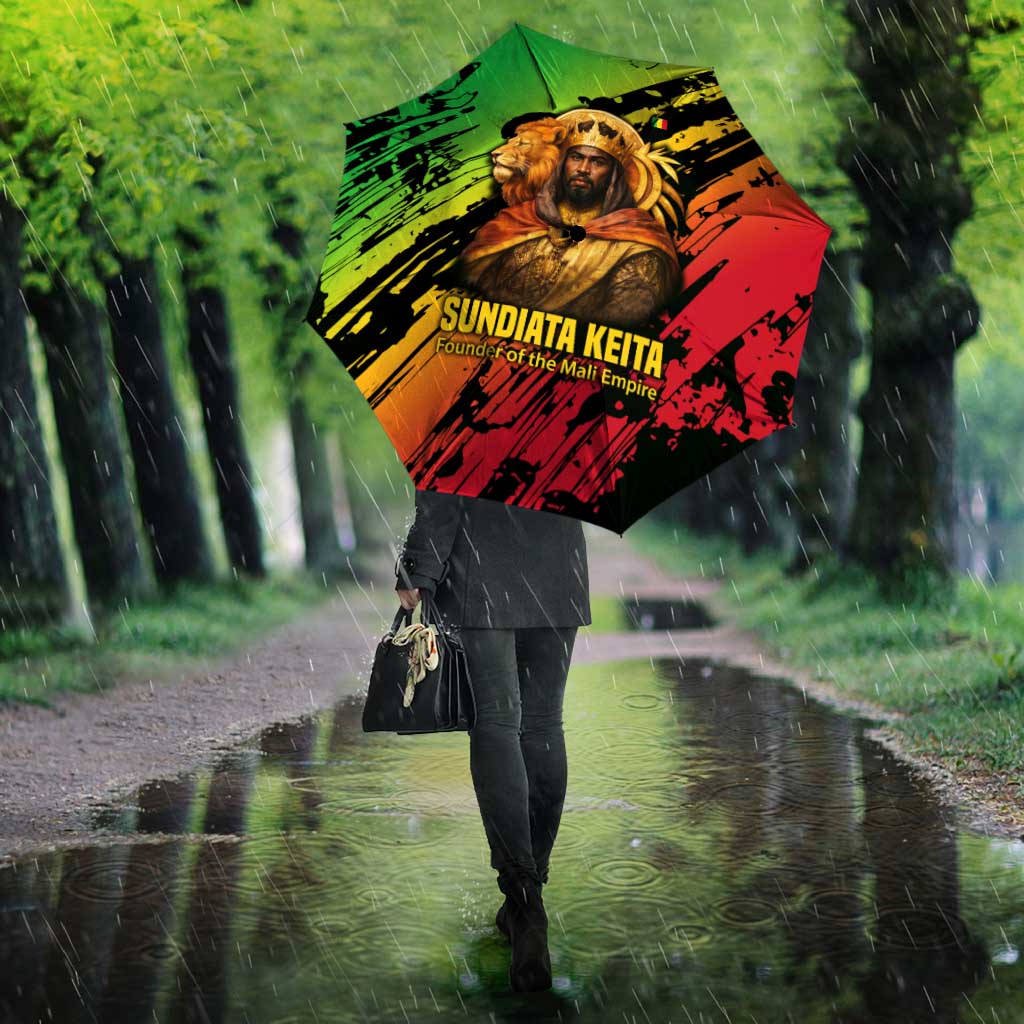 Sundiata Keita Umbrella with Regal Portrait, Lion of Mali Title and Bold Tribal Brushstroke Pattern - African Pride
