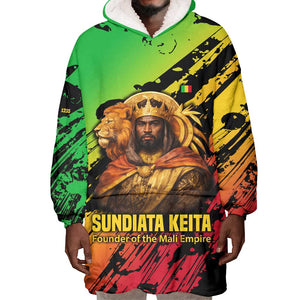 Sundiata Keita Wearable Blanket Hoodie with Regal Portrait, Lion of Mali Title and Bold Tribal Brushstroke Pattern - African Pride