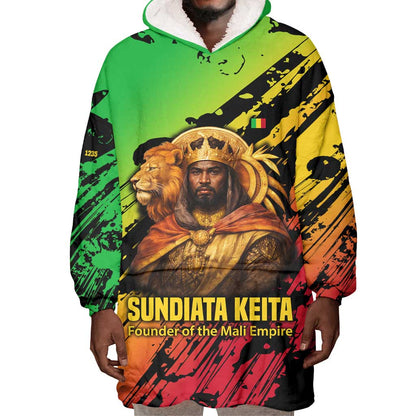 Sundiata Keita Wearable Blanket Hoodie with Regal Portrait, Lion of Mali Title and Bold Tribal Brushstroke Pattern - African Pride