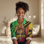 Sundiata Keita Women Casual Shirt with Regal Portrait, Lion of Mali Title and Bold Tribal Brushstroke Pattern - African Pride