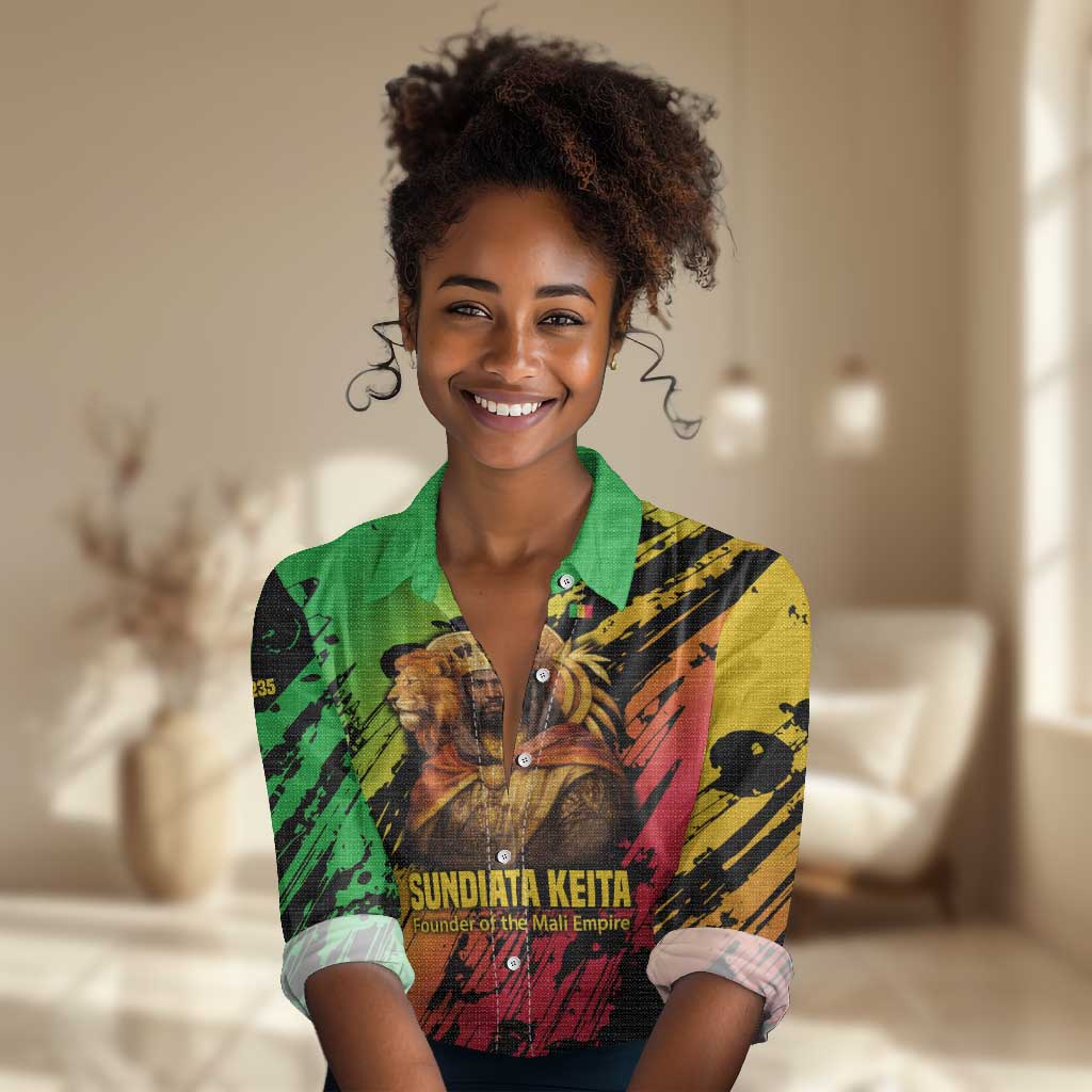Sundiata Keita Women Casual Shirt with Regal Portrait, Lion of Mali Title and Bold Tribal Brushstroke Pattern - African Pride