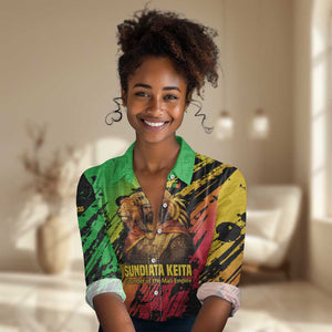 Sundiata Keita Women Casual Shirt with Regal Portrait, Lion of Mali Title and Bold Tribal Brushstroke Pattern - African Pride
