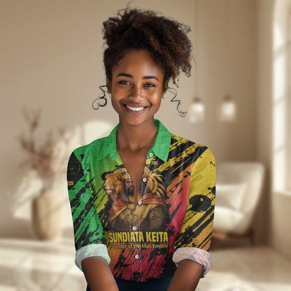 Sundiata Keita Women Casual Shirt with Regal Portrait, Lion of Mali Title and Bold Tribal Brushstroke Pattern - African Pride