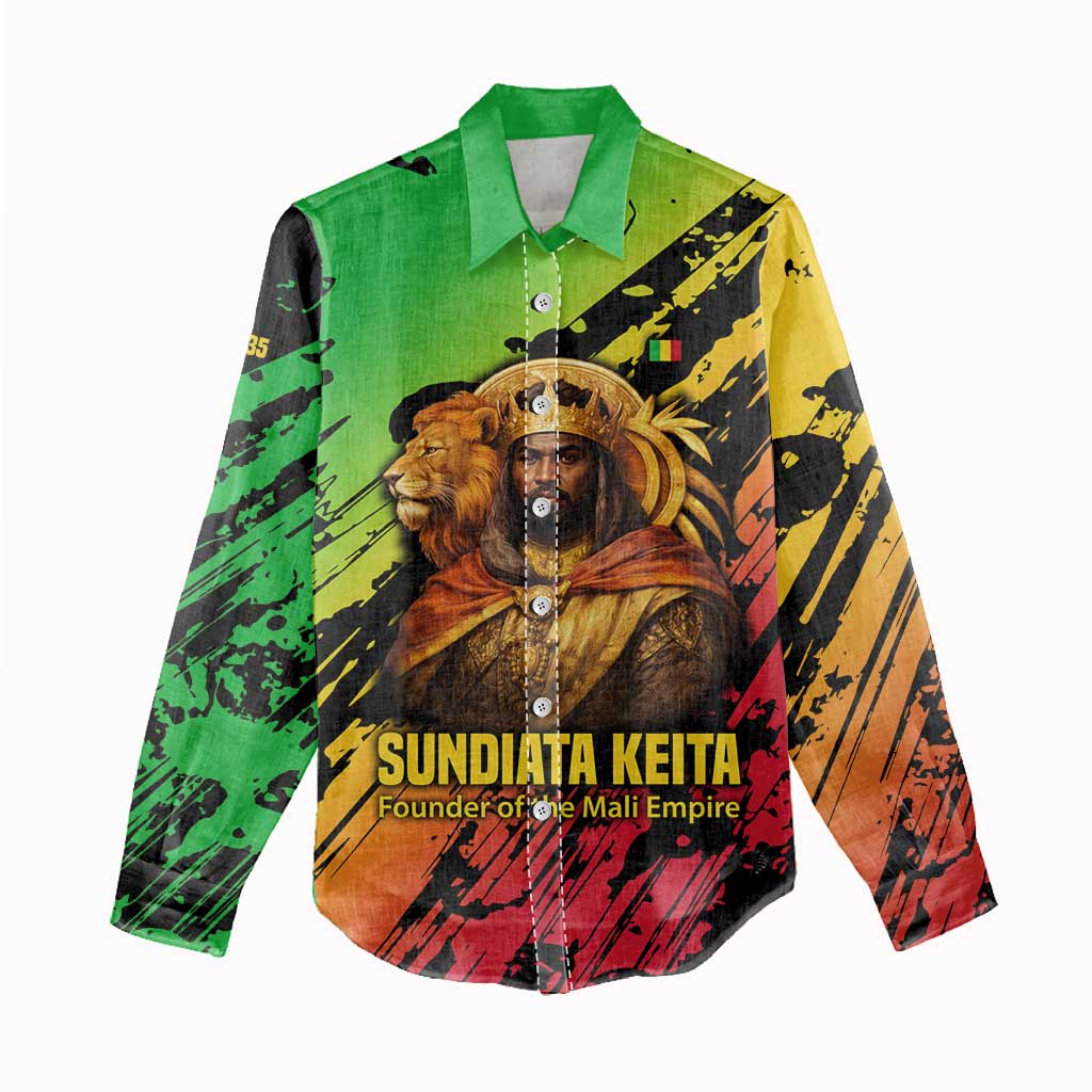 Sundiata Keita Women Casual Shirt with Regal Portrait, Lion of Mali Title and Bold Tribal Brushstroke Pattern - African Pride