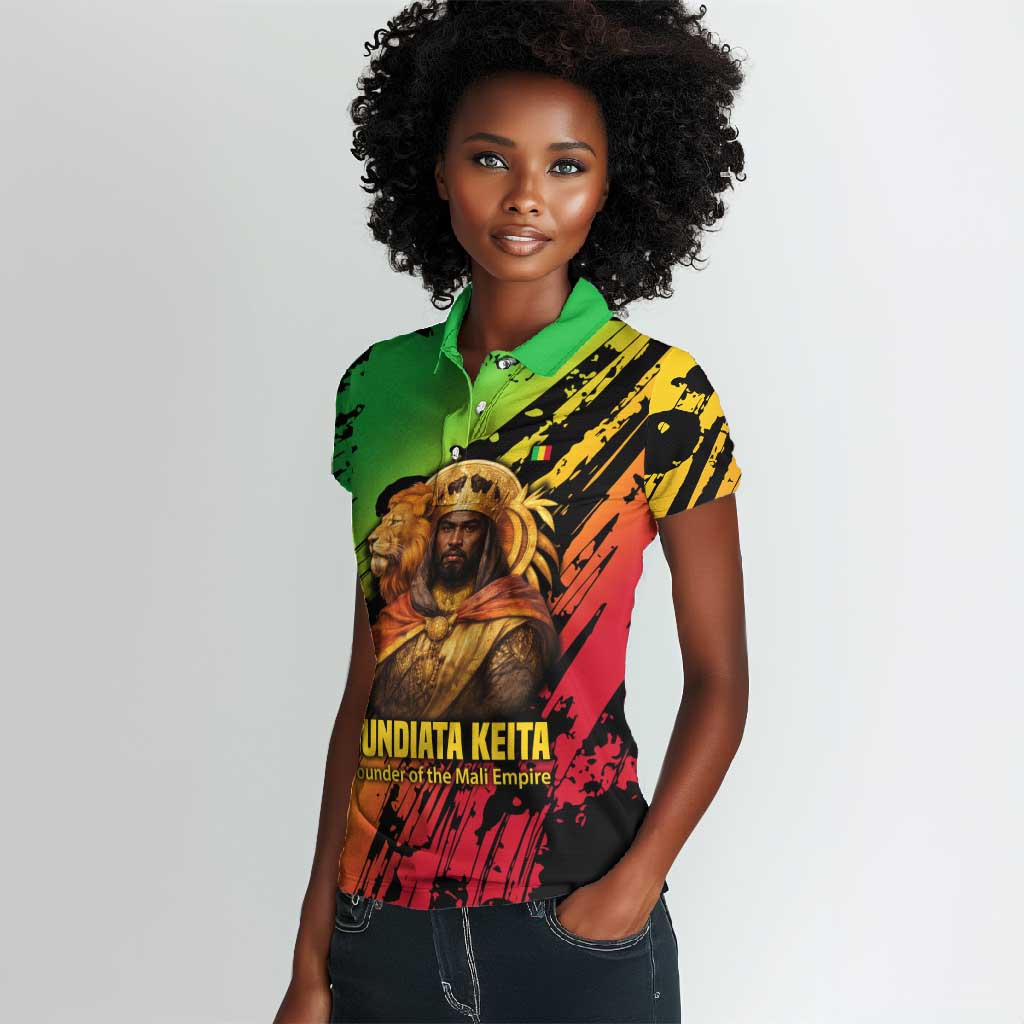 Sundiata Keita Women Polo Shirt with Regal Portrait, Lion of Mali Title and Bold Tribal Brushstroke Pattern - African Pride