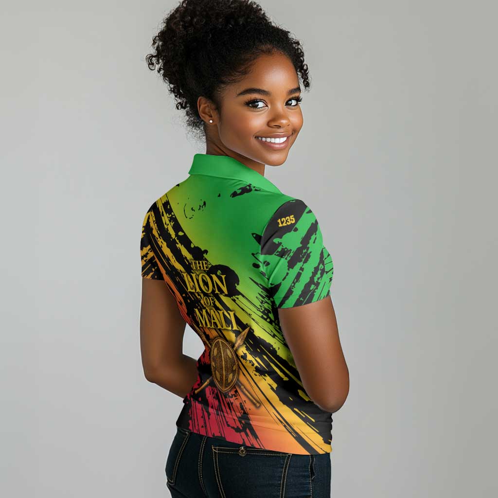 Sundiata Keita Women Polo Shirt with Regal Portrait, Lion of Mali Title and Bold Tribal Brushstroke Pattern - African Pride