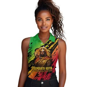 Sundiata Keita Women Sleeveless Polo Shirt with Regal Portrait, Lion of Mali Title and Bold Tribal Brushstroke Pattern - African Pride