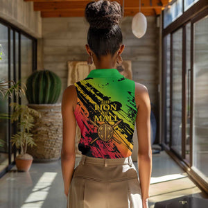 Sundiata Keita Women Sleeveless Polo Shirt with Regal Portrait, Lion of Mali Title and Bold Tribal Brushstroke Pattern - African Pride