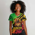 Sundiata Keita Women V-Neck T-Shirt with Regal Portrait, Lion of Mali Title and Bold Tribal Brushstroke Pattern - African Pride
