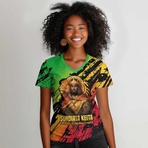 Sundiata Keita Women V-Neck T-Shirt with Regal Portrait, Lion of Mali Title and Bold Tribal Brushstroke Pattern - African Pride