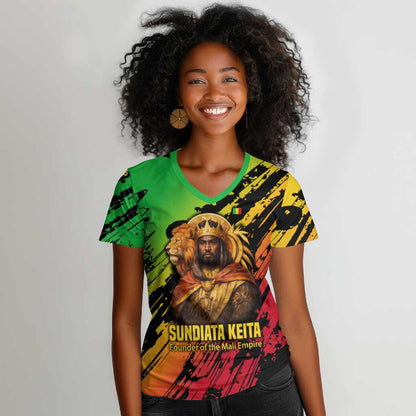 Sundiata Keita Women V-Neck T-Shirt with Regal Portrait, Lion of Mali Title and Bold Tribal Brushstroke Pattern - African Pride