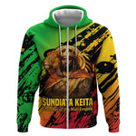 Sundiata Keita Zip Hoodie with Regal Portrait, Lion of Mali Title and Bold Tribal Brushstroke Pattern - African Pride