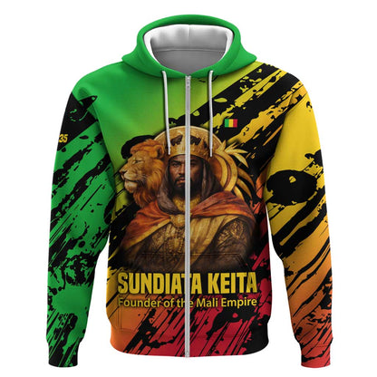 Sundiata Keita Zip Hoodie with Regal Portrait, Lion of Mali Title and Bold Tribal Brushstroke Pattern - African Pride