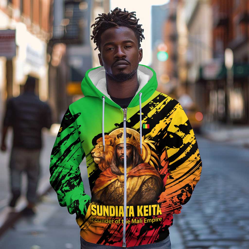 Sundiata Keita Zip Hoodie with Regal Portrait, Lion of Mali Title and Bold Tribal Brushstroke Pattern - African Pride