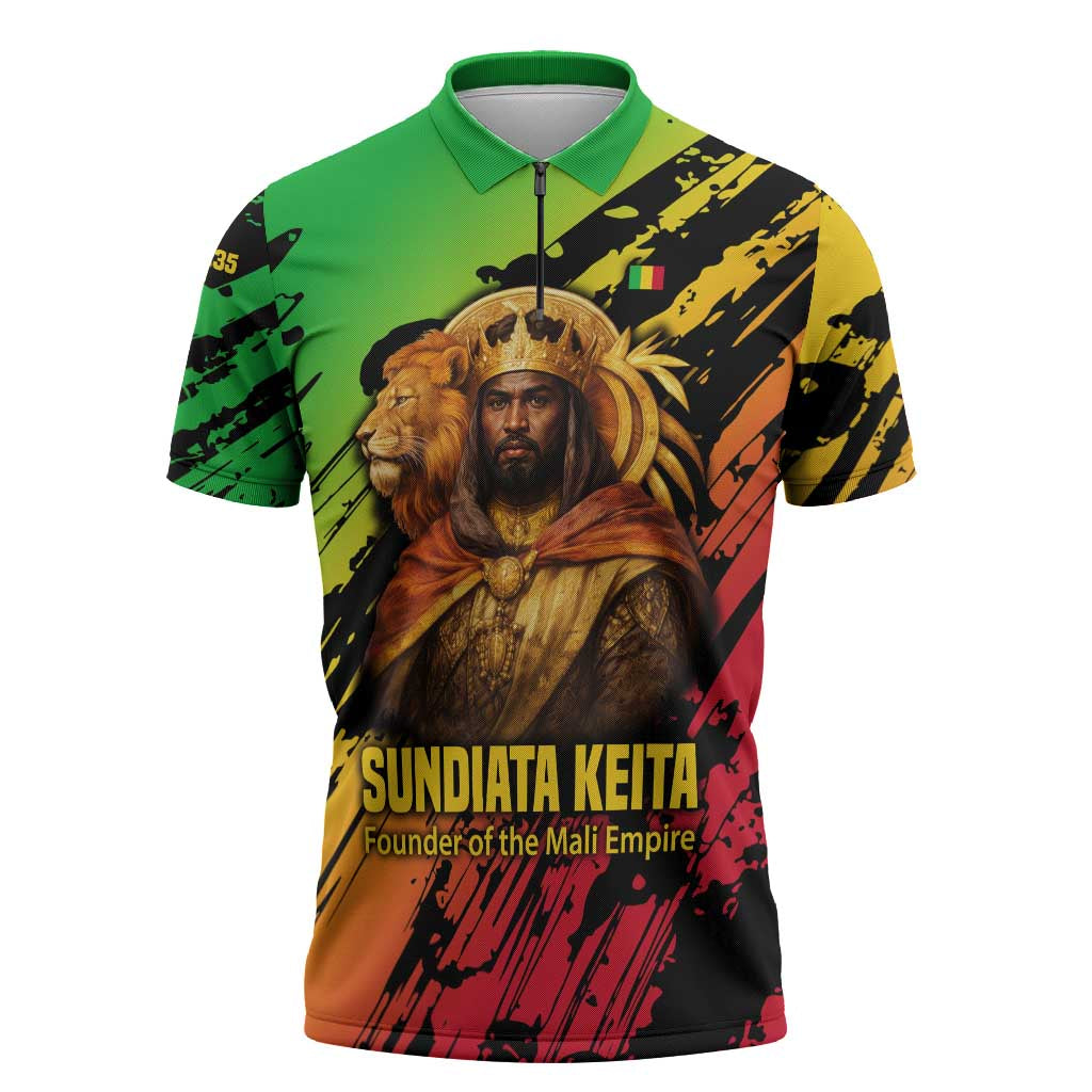 Sundiata Keita Zipper Polo Shirt with Regal Portrait, Lion of Mali Title and Bold Tribal Brushstroke Pattern - African Pride