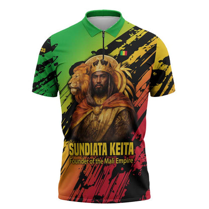 Sundiata Keita Zipper Polo Shirt with Regal Portrait, Lion of Mali Title and Bold Tribal Brushstroke Pattern - African Pride