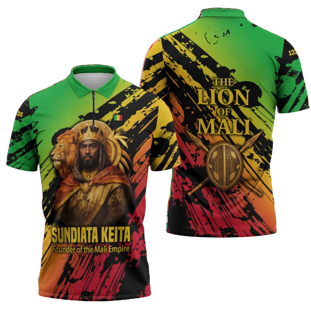 Sundiata Keita Zipper Polo Shirt with Regal Portrait, Lion of Mali Title and Bold Tribal Brushstroke Pattern - African Pride