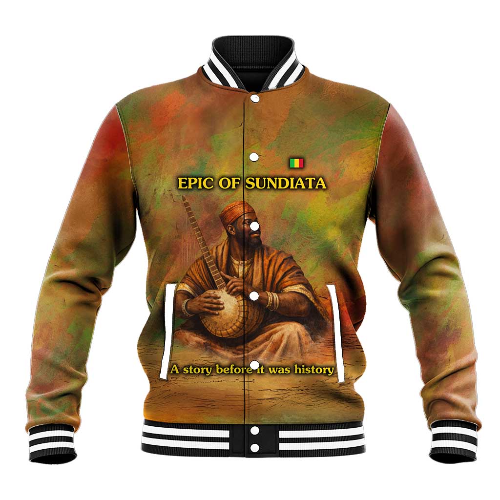 Sundiata Keita Baseball Jacket Griot Storytelling Scene, Epic of Sundiata Text and Heritage-Inspired Earth Tone - African Pride