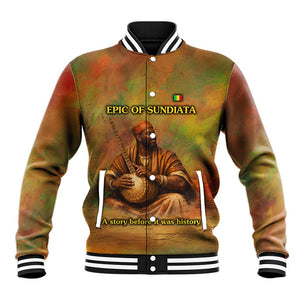 Sundiata Keita Baseball Jacket Griot Storytelling Scene, Epic of Sundiata Text and Heritage-Inspired Earth Tone - African Pride
