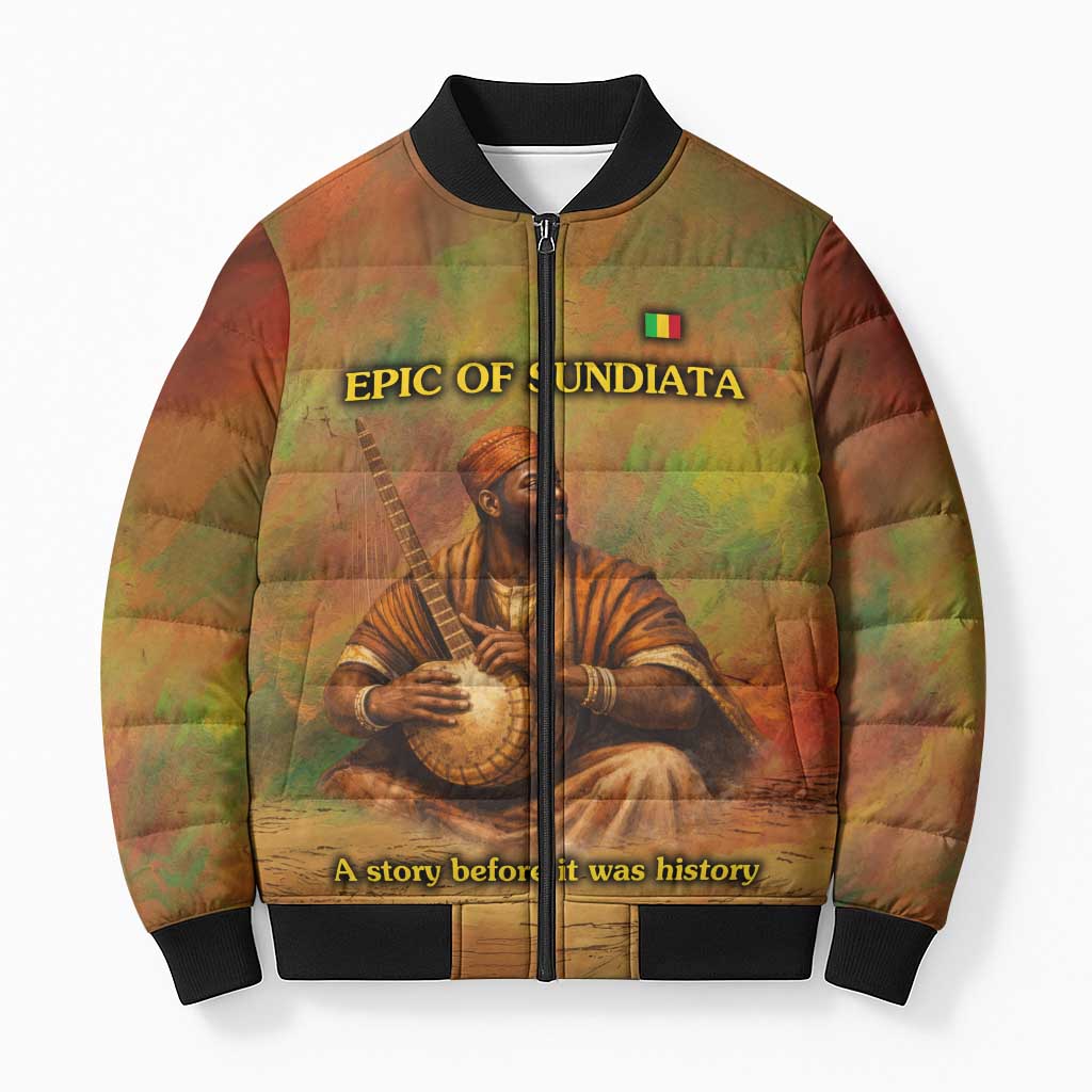 Sundiata Keita Bomber Puffer Jacket Griot Storytelling Scene, Epic of Sundiata Text and Heritage-Inspired Earth Tone - African Pride