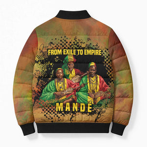 Sundiata Keita Bomber Puffer Jacket Griot Storytelling Scene, Epic of Sundiata Text and Heritage-Inspired Earth Tone - African Pride