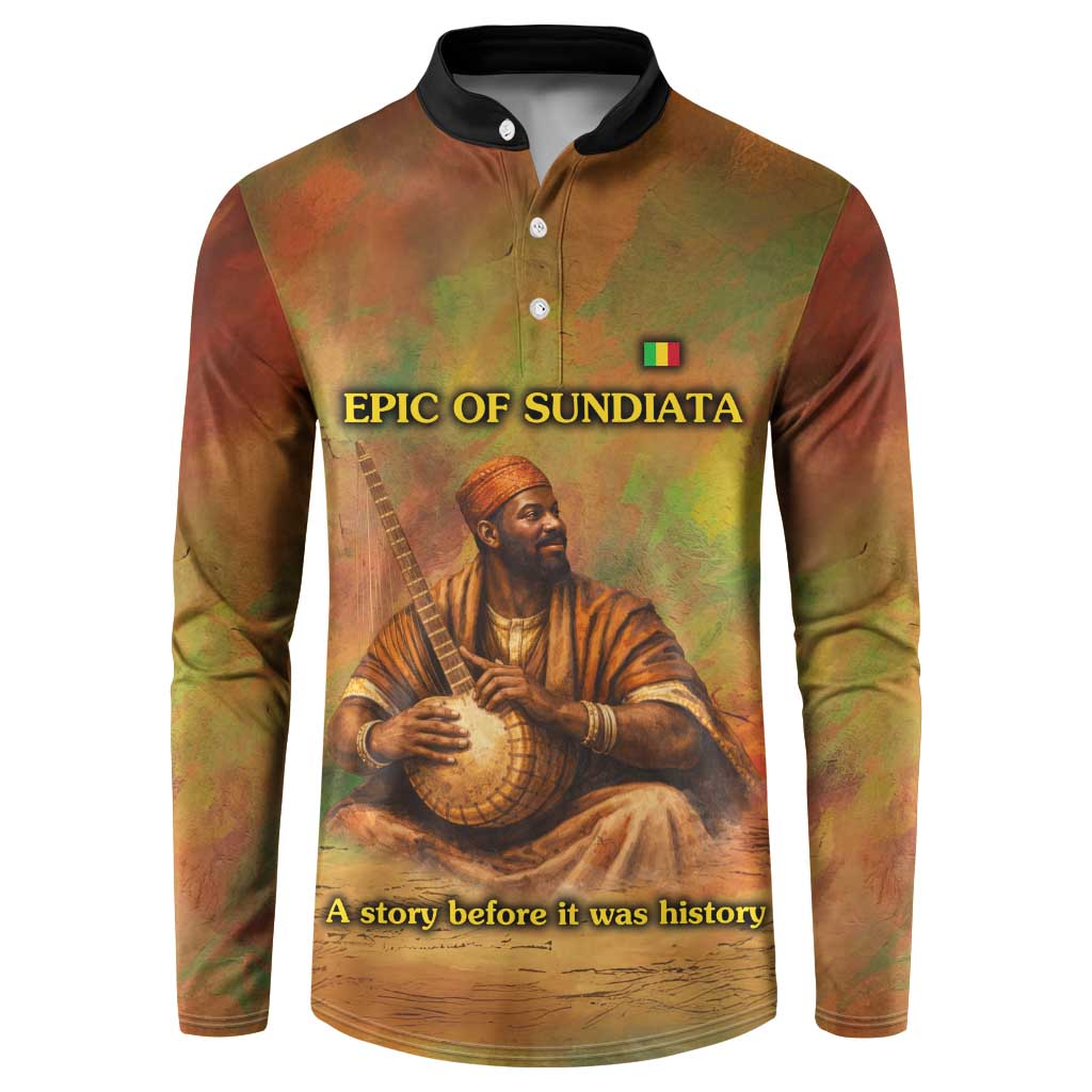 Sundiata Keita Button Sweatshirt Griot Storytelling Scene, Epic of Sundiata Text and Heritage-Inspired Earth Tone