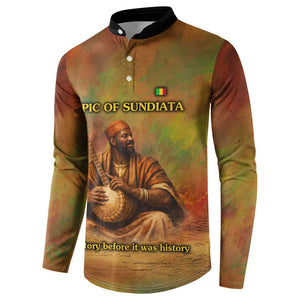 Sundiata Keita Button Sweatshirt Griot Storytelling Scene, Epic of Sundiata Text and Heritage-Inspired Earth Tone