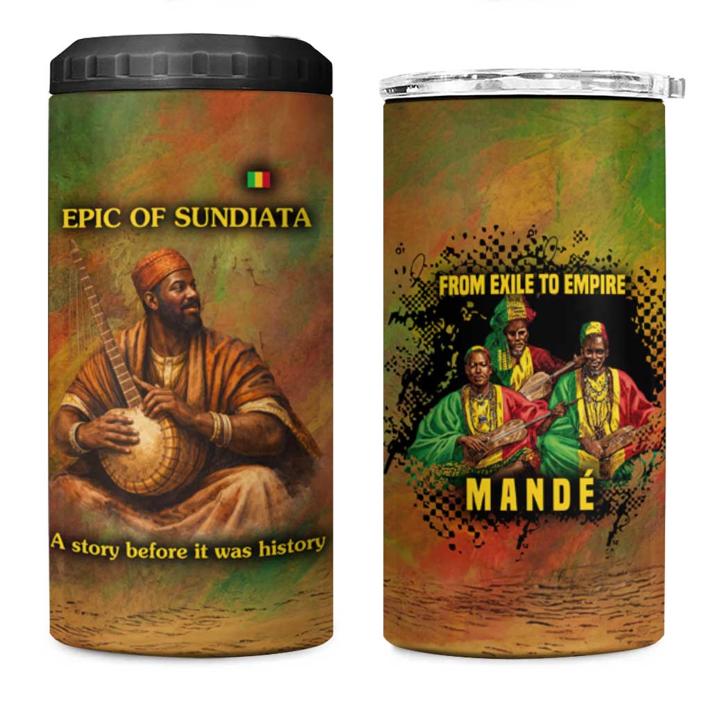 Sundiata Keita 4 in 1 Can Cooler Tumbler Griot Storytelling Scene, Epic of Sundiata Text and Heritage-Inspired Earth Tone - African Pride