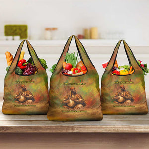 Sundiata Keita Grocery Bag Griot Storytelling Scene, Epic of Sundiata Text and Heritage-Inspired Earth Tone - African Pride