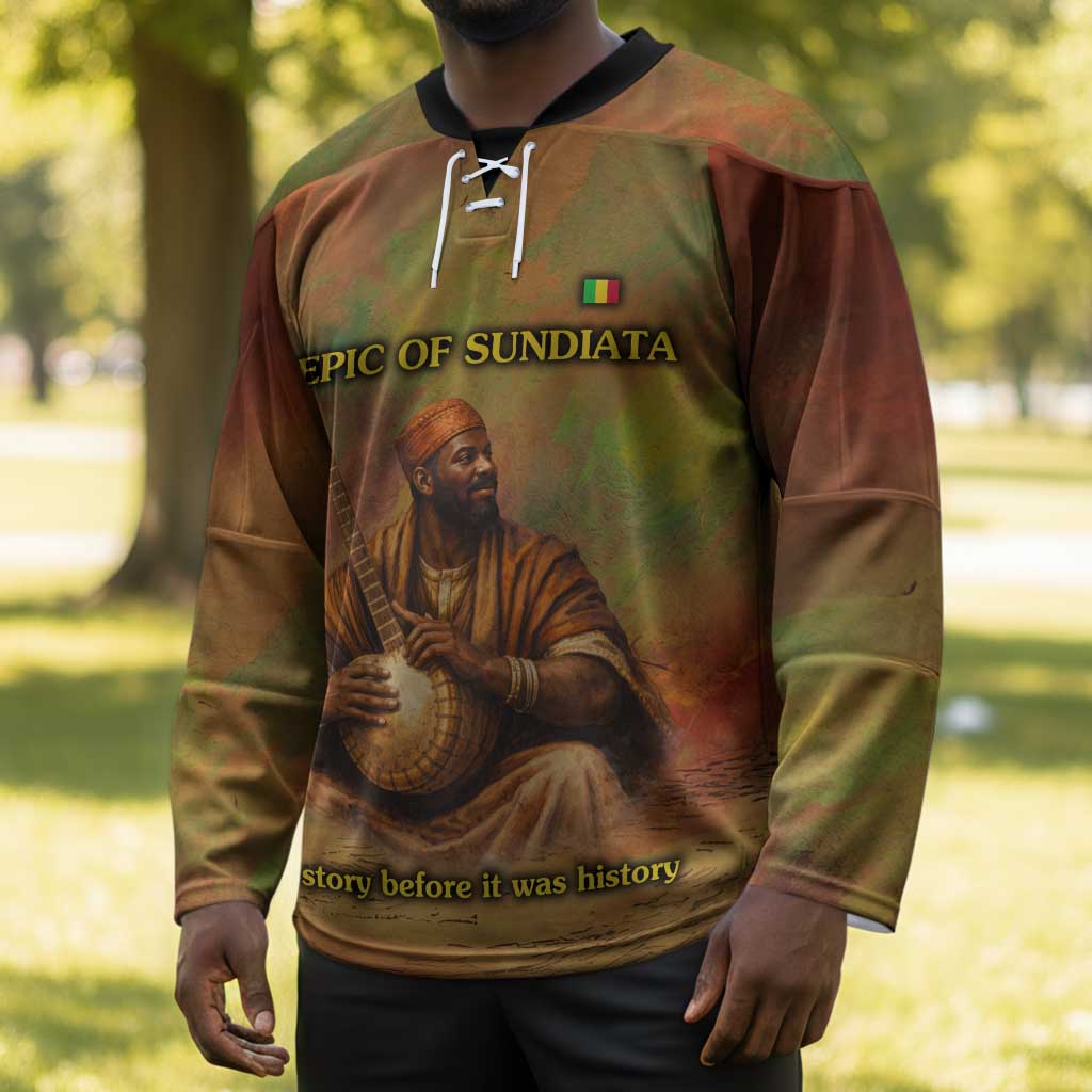 Sundiata Keita Hockey Jersey Griot Storytelling Scene, Epic of Sundiata Text and Heritage-Inspired Earth Tone - African Pride