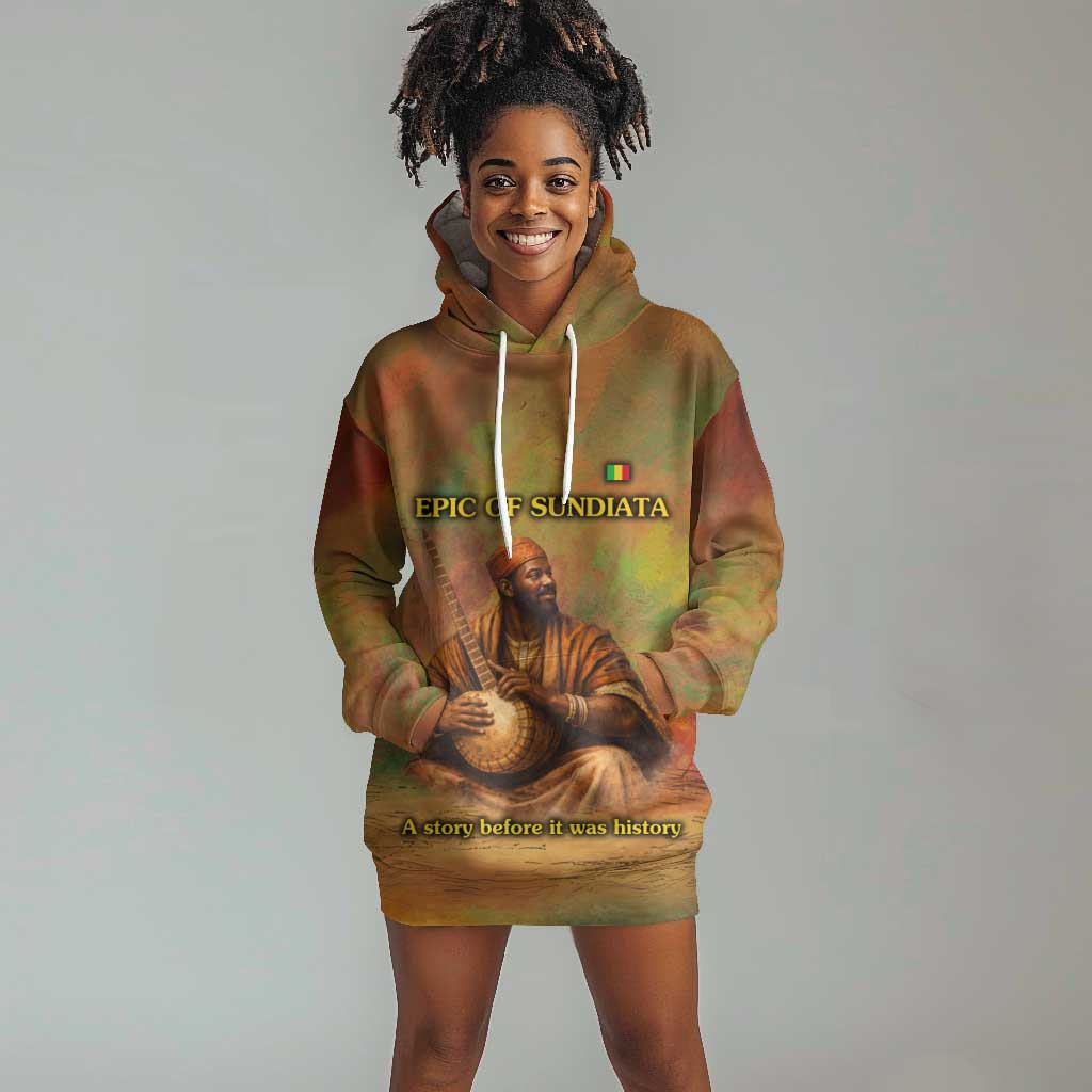 Sundiata Keita Hoodie Dress Griot Storytelling Scene, Epic of Sundiata Text and Heritage-Inspired Earth Tone - African Pride