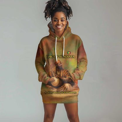 Sundiata Keita Hoodie Dress Griot Storytelling Scene, Epic of Sundiata Text and Heritage-Inspired Earth Tone - African Pride