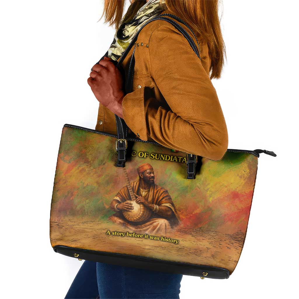 Sundiata Keita Leather Tote Bag Griot Storytelling Scene, Epic of Sundiata Text and Heritage-Inspired Earth Tone - African Pride