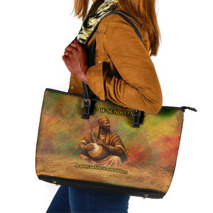 Sundiata Keita Leather Tote Bag Griot Storytelling Scene, Epic of Sundiata Text and Heritage-Inspired Earth Tone - African Pride