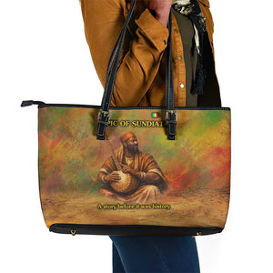 Sundiata Keita Leather Tote Bag Griot Storytelling Scene, Epic of Sundiata Text and Heritage-Inspired Earth Tone - African Pride