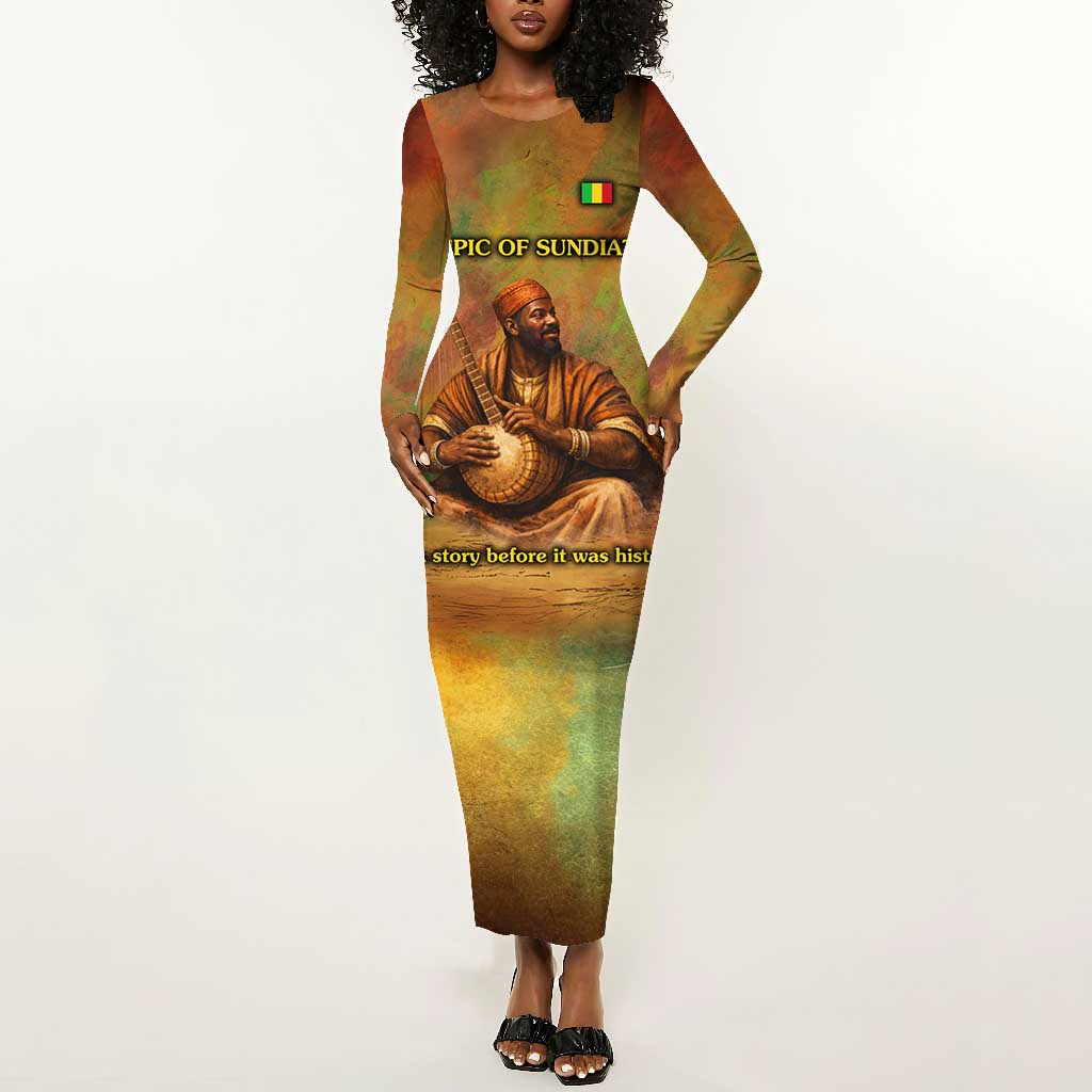 Sundiata Keita Long Sleeve Bodycon Dress Griot Storytelling Scene, Epic of Sundiata Text and Heritage-Inspired Earth Tone - African Pride