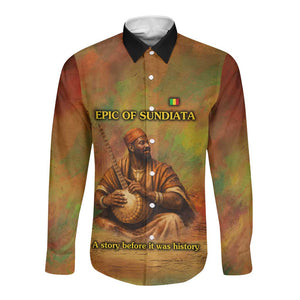 Sundiata Keita Long Sleeve Button Shirt Griot Storytelling Scene, Epic of Sundiata Text and Heritage-Inspired Earth Tone - African Pride