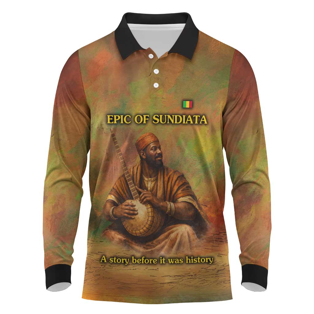 Sundiata Keita Long Sleeve Polo Shirt Griot Storytelling Scene, Epic of Sundiata Text and Heritage-Inspired Earth Tone - African Pride