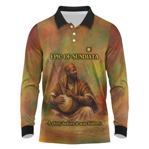Sundiata Keita Long Sleeve Polo Shirt Griot Storytelling Scene, Epic of Sundiata Text and Heritage-Inspired Earth Tone - African Pride