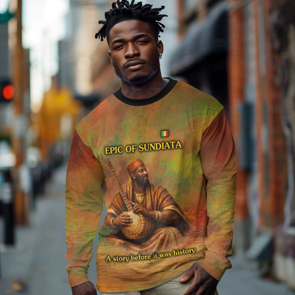 Sundiata Keita Long Sleeve Shirt Griot Storytelling Scene, Epic of Sundiata Text and Heritage-Inspired Earth Tone - African Pride