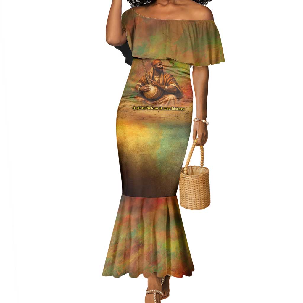 Sundiata Keita Mermaid Dress Griot Storytelling Scene, Epic of Sundiata Text and Heritage-Inspired Earth Tone - African Pride