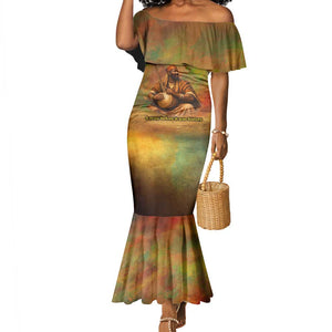 Sundiata Keita Mermaid Dress Griot Storytelling Scene, Epic of Sundiata Text and Heritage-Inspired Earth Tone - African Pride