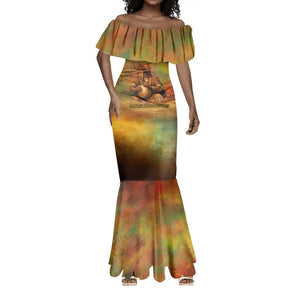 Sundiata Keita Mermaid Dress Griot Storytelling Scene, Epic of Sundiata Text and Heritage-Inspired Earth Tone - African Pride