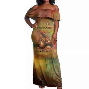 Sundiata Keita Off Shoulder Maxi Dress Griot Storytelling Scene, Epic of Sundiata Text and Heritage-Inspired Earth Tone - African Pride