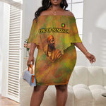 Sundiata Keita Off Shoulder Short Dress Griot Storytelling Scene, Epic of Sundiata Text and Heritage-Inspired Earth Tone - African Pride