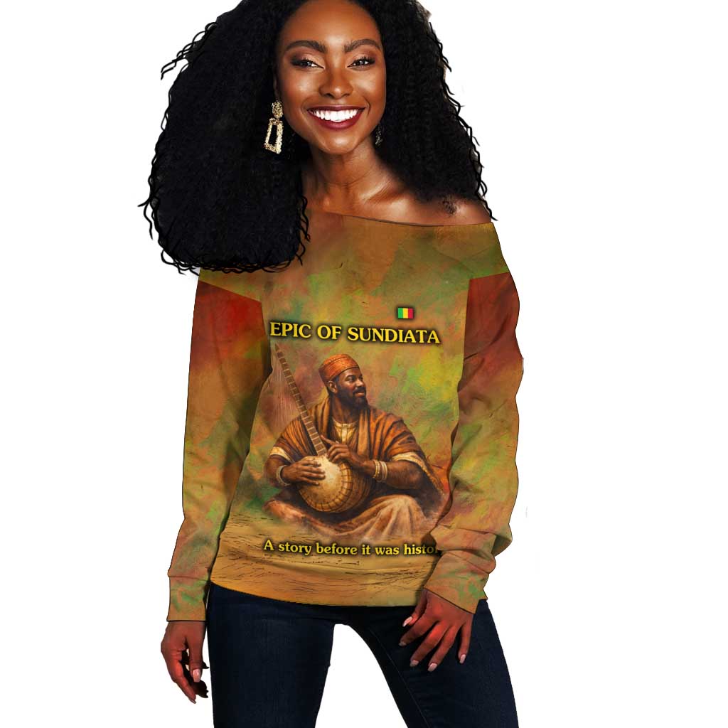 Sundiata Keita Off Shoulder Sweater Griot Storytelling Scene, Epic of Sundiata Text and Heritage-Inspired Earth Tone - African Pride