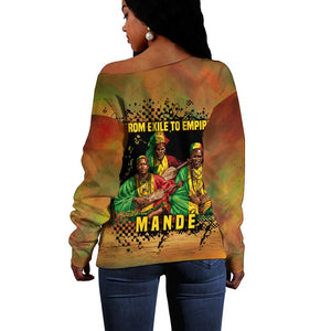 Sundiata Keita Off Shoulder Sweater Griot Storytelling Scene, Epic of Sundiata Text and Heritage-Inspired Earth Tone - African Pride