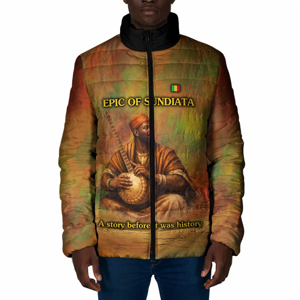 Sundiata Keita Padded Jacket Griot Storytelling Scene, Epic of Sundiata Text and Heritage-Inspired Earth Tone - African Pride