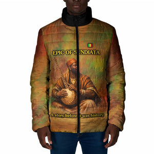 Sundiata Keita Padded Jacket Griot Storytelling Scene, Epic of Sundiata Text and Heritage-Inspired Earth Tone - African Pride